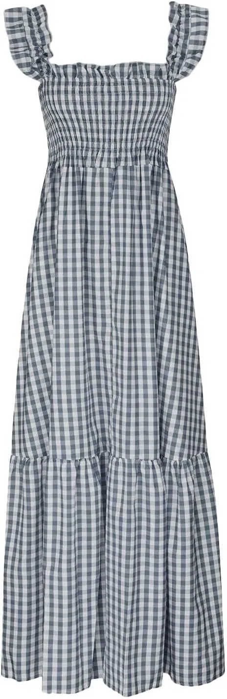 Womens Plaid Dresses Square Neck Strap Flounce Long Dress Smocked Sleeveless Maxi Dress Flowy A-Line Beach Sundress