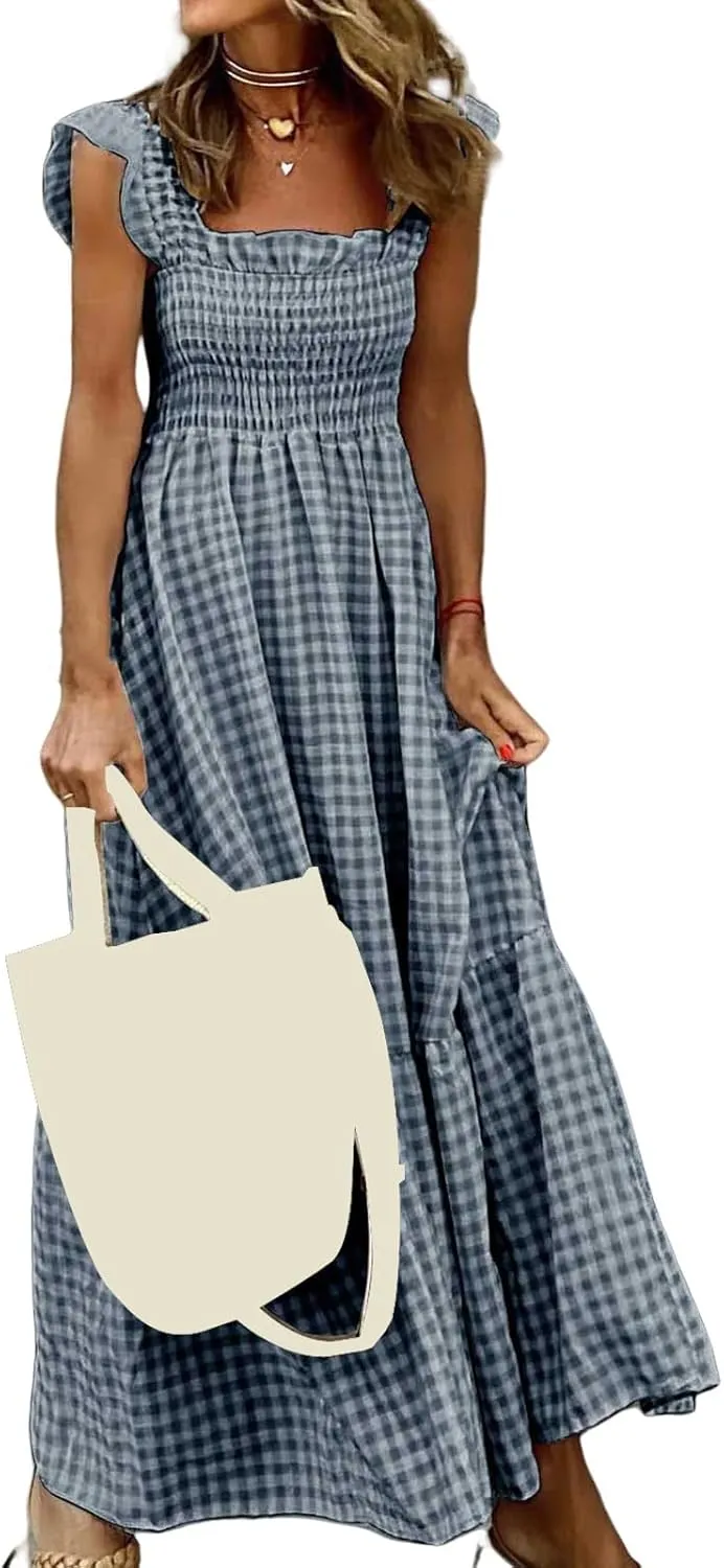 Womens Plaid Dresses Square Neck Strap Flounce Long Dress Smocked Sleeveless Maxi Dress Flowy A-Line Beach Sundress