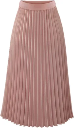 Women's Pleated Skirt Elastic High Waist A-Line Midi Length Skirts Solid Color Basic Casual Summer Long Skirt