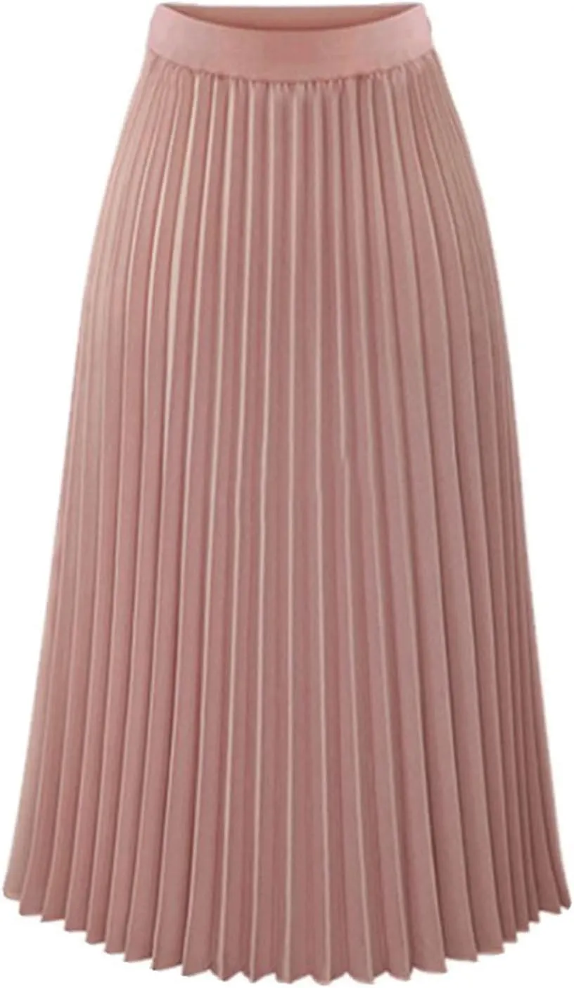 Women's Pleated Skirt Elastic High Waist A-Line Midi Length Skirts Solid Color Basic Casual Summer Long Skirt