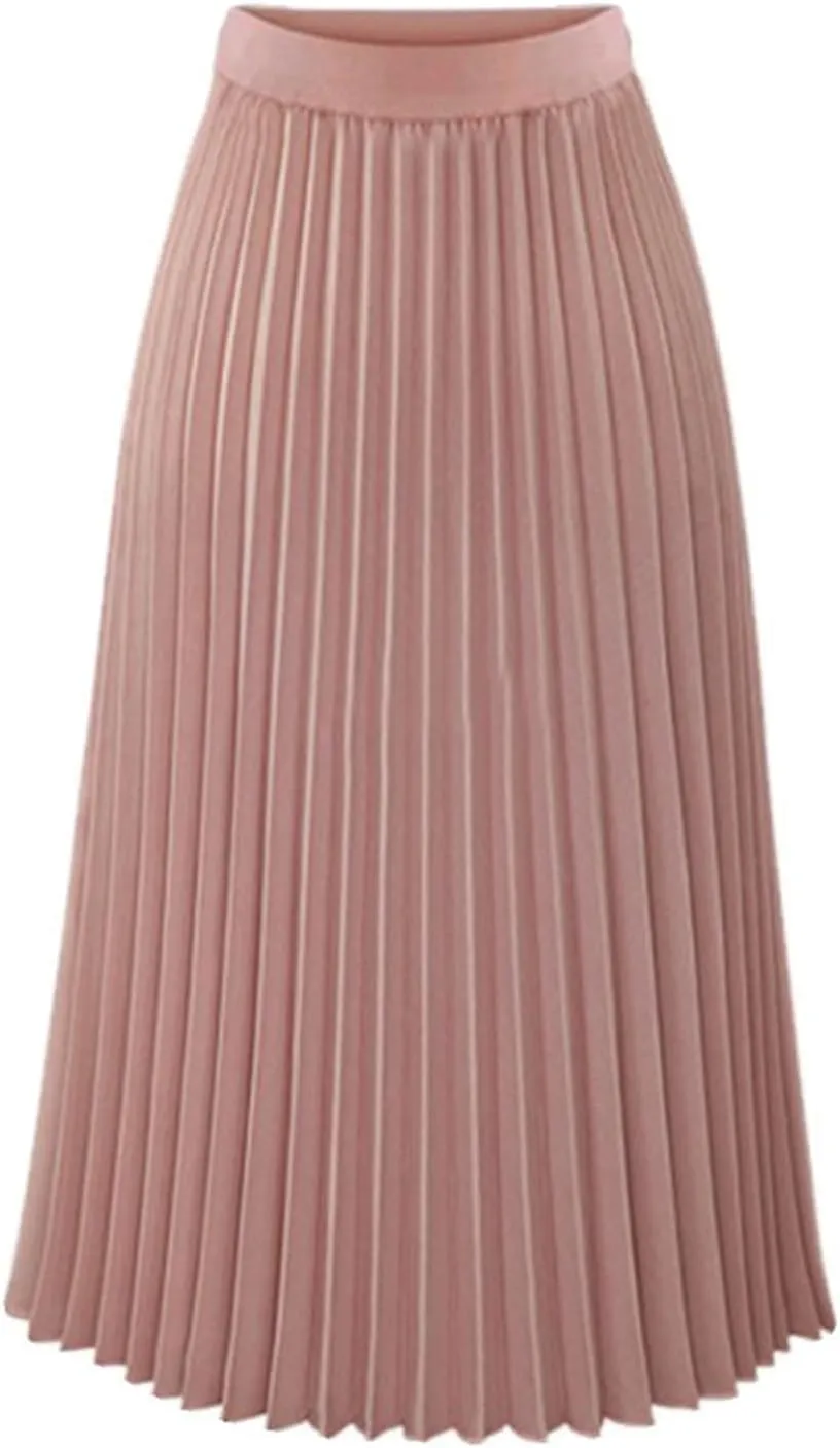 Women's Pleated Skirt Elastic High Waist A-Line Midi Length Skirts Solid Color Basic Casual Summer Long Skirt
