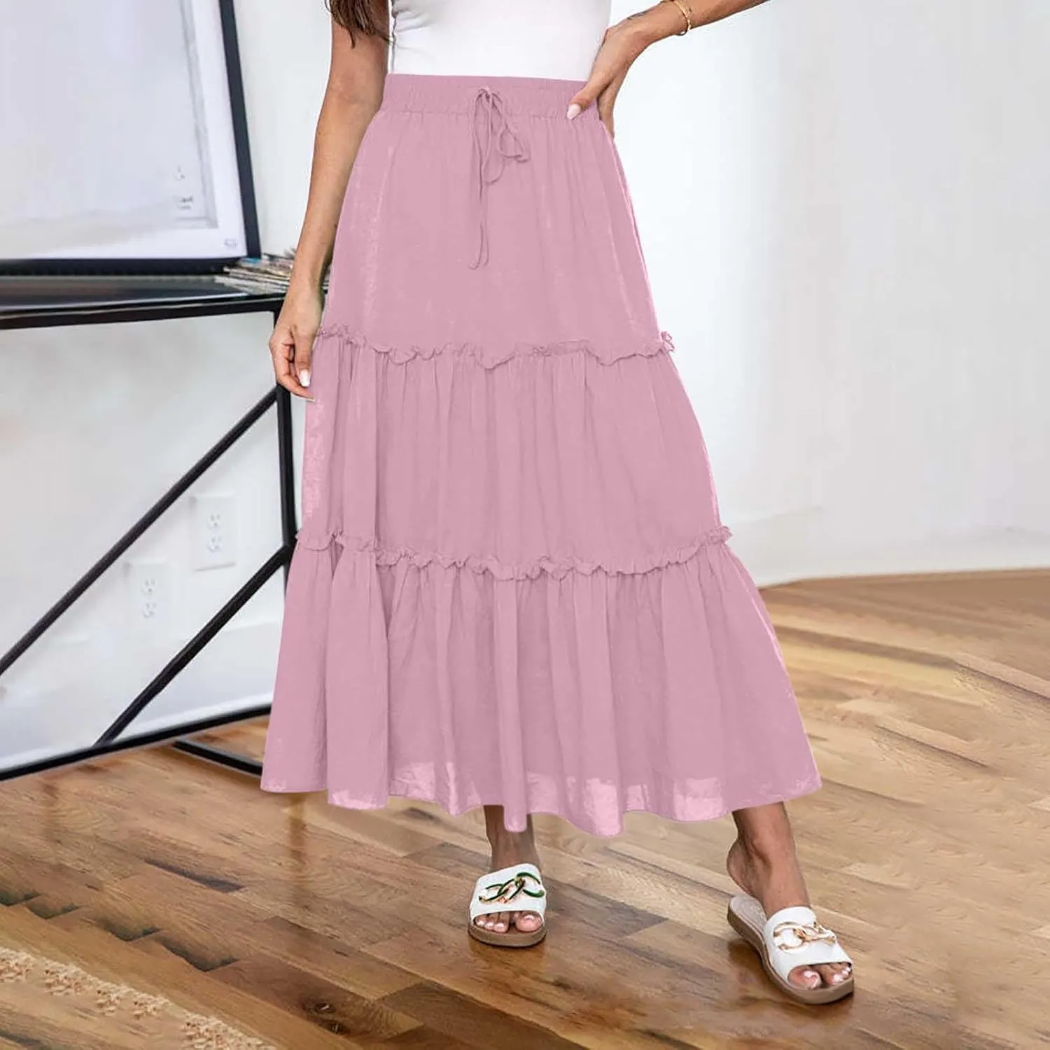 Women's Pleated Summer Maxi Skirts Casual Smocked Layered Tiered Boho Long Skirt High Waist A Line Dress
