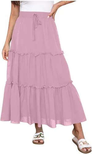 Women's Pleated Summer Maxi Skirts Casual Smocked Layered Tiered Boho Long Skirt High Waist A Line Dress