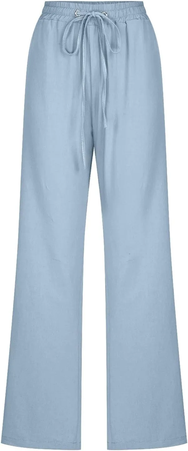 Women's Plus Size Linen Pans Straight Leg Casual Work Pants High Waisted Comfy Summer Pants Lightweight Lounge Pants