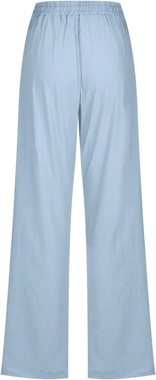 Women's Plus Size Linen Pans Straight Leg Casual Work Pants High Waisted Comfy Summer Pants Lightweight Lounge Pants