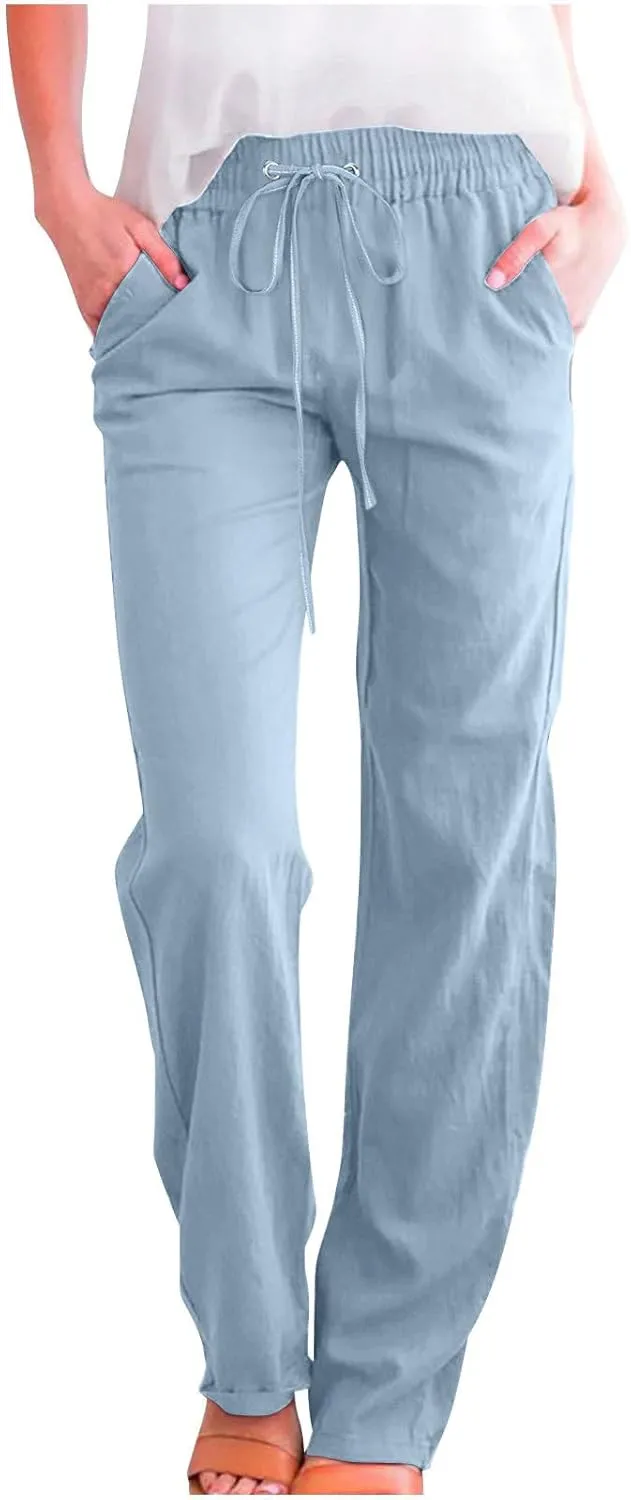 Women's Plus Size Linen Pans Straight Leg Casual Work Pants High Waisted Comfy Summer Pants Lightweight Lounge Pants