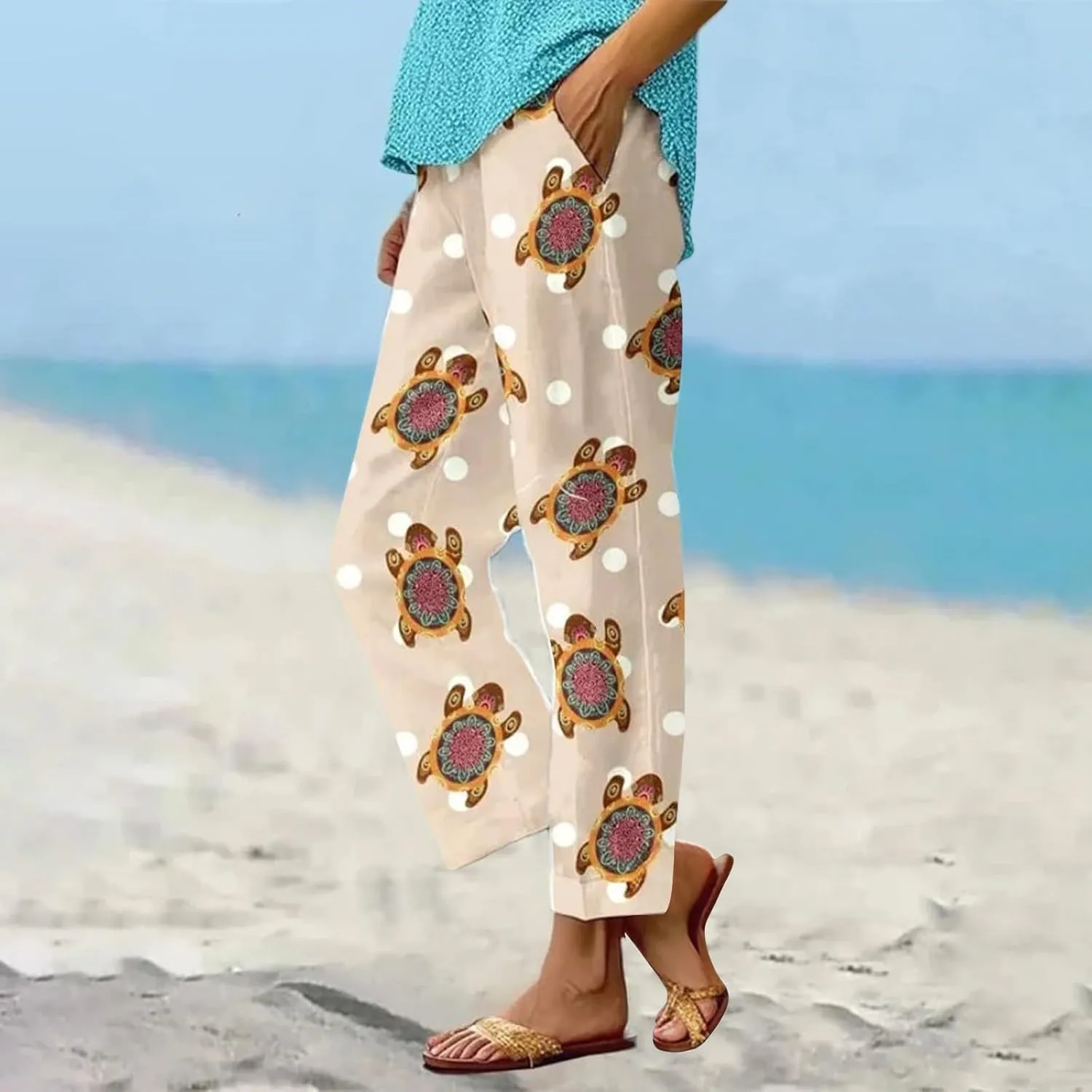Womens Plus Size Linen Pants Elastic High Waisted Cropped Pants with Pockets Printed Casual Summer Beach Trousers