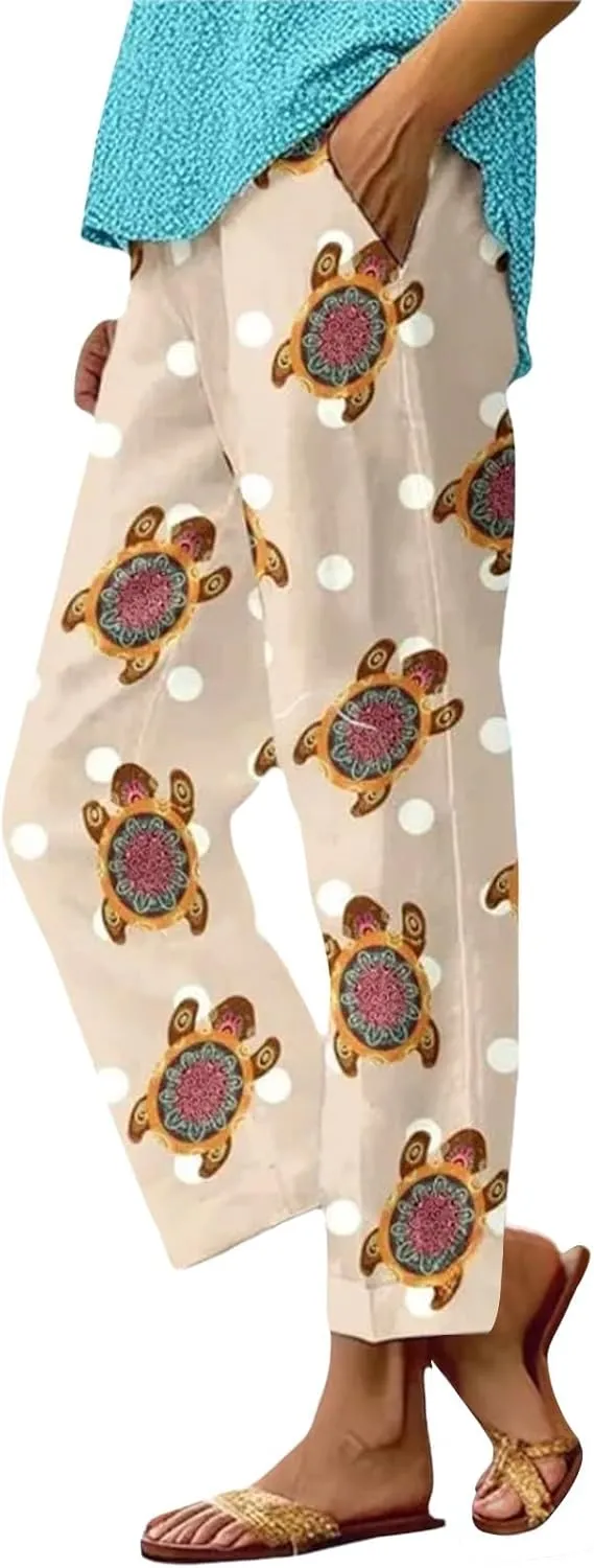 Womens Plus Size Linen Pants Elastic High Waisted Cropped Pants with Pockets Printed Casual Summer Beach Trousers