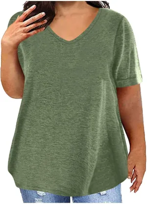 Womens Plus Size Summer Tops Short Sleeve V Neck T Shirts Casual Loose Fit Solid Tshirts Oversized Going Out Tees