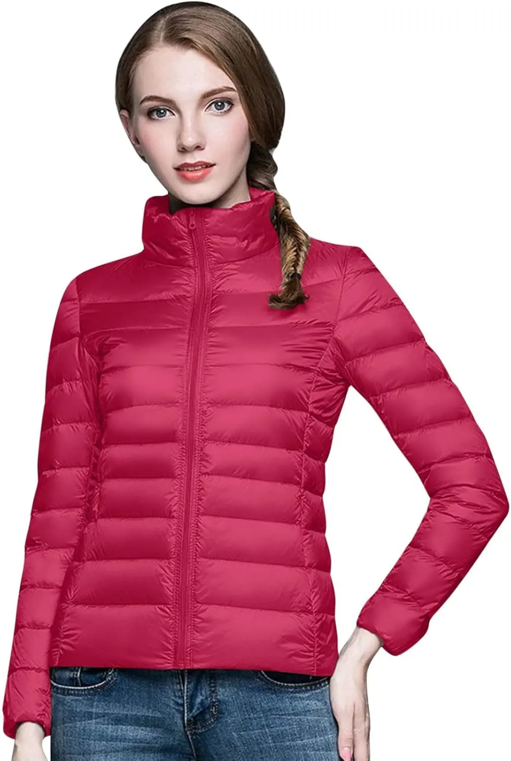 Women's Puffer Jacket Solid Full-Zip Short Winter Warm Down Jacket Windproof Stand Collar Puffer Jackets with Pockets