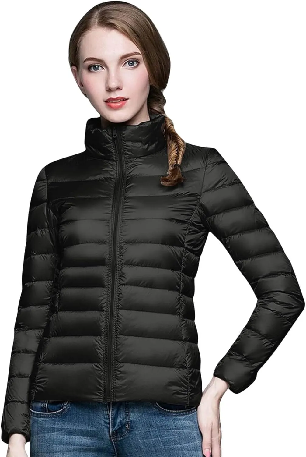 Women's Puffer Jacket Stand Collar Full-Zip Short Windproof Down Jacket Winter Warm Slim Fit Travel Puffer Coat