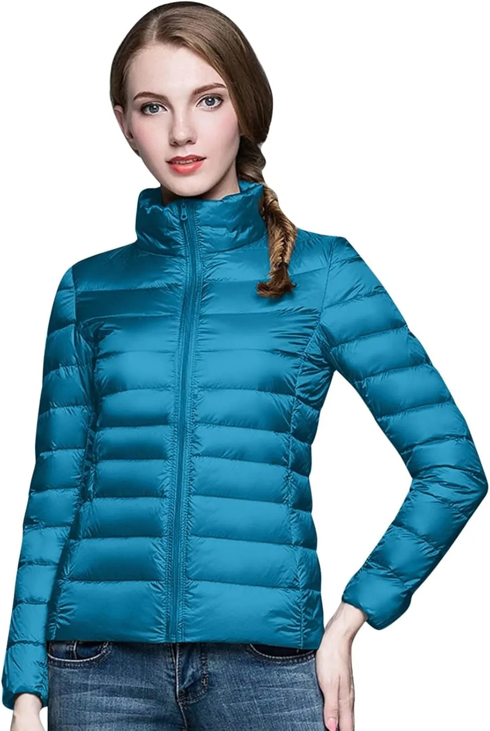Women's Puffer Jacket Stand Collar Full-Zip Short Windproof Down Jacket Winter Warm Slim Fit Travel Puffer Coat