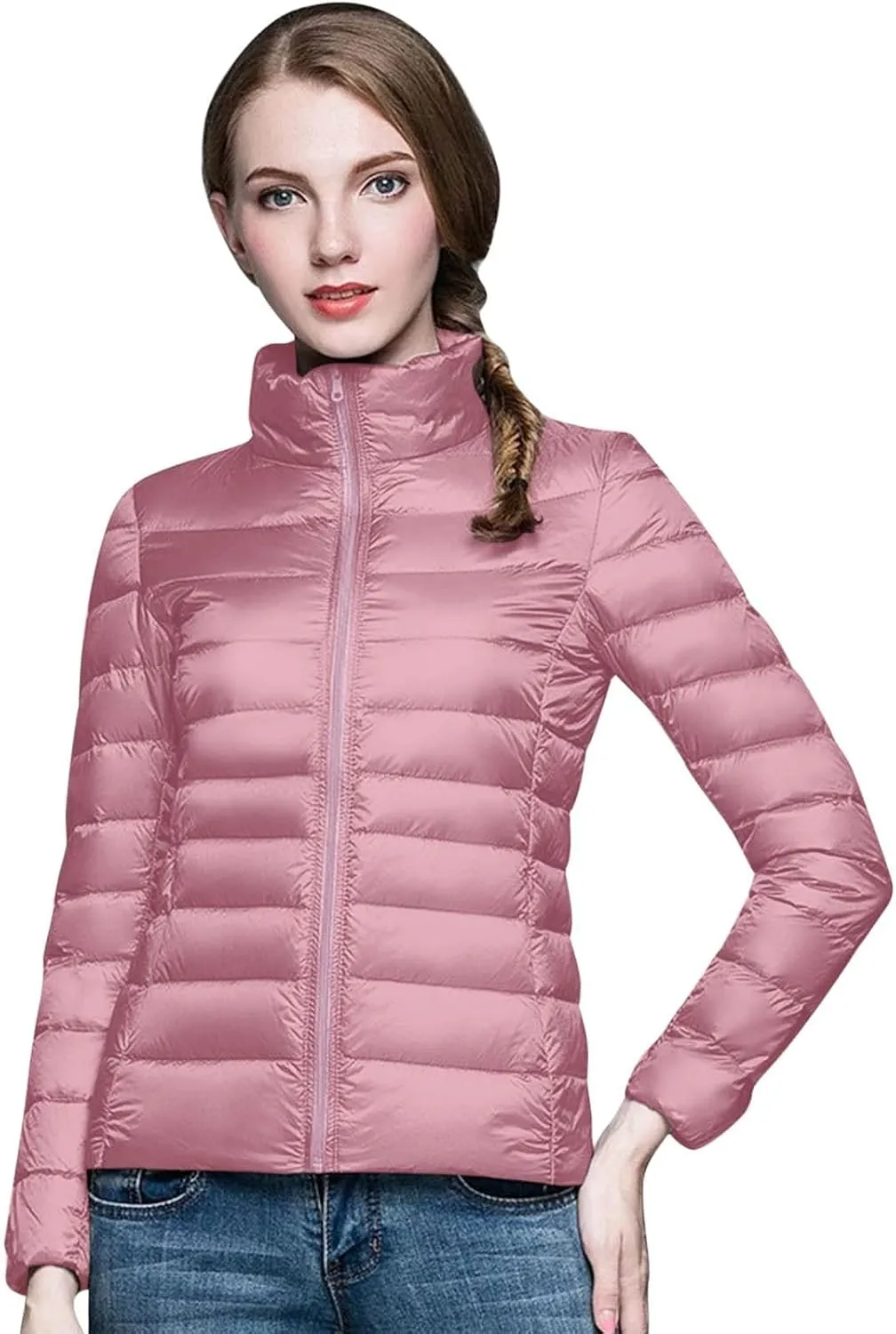 Women's Puffer Jacket Stand Collar Full-Zip Short Windproof Down Jacket Winter Warm Slim Fit Travel Puffer Coat