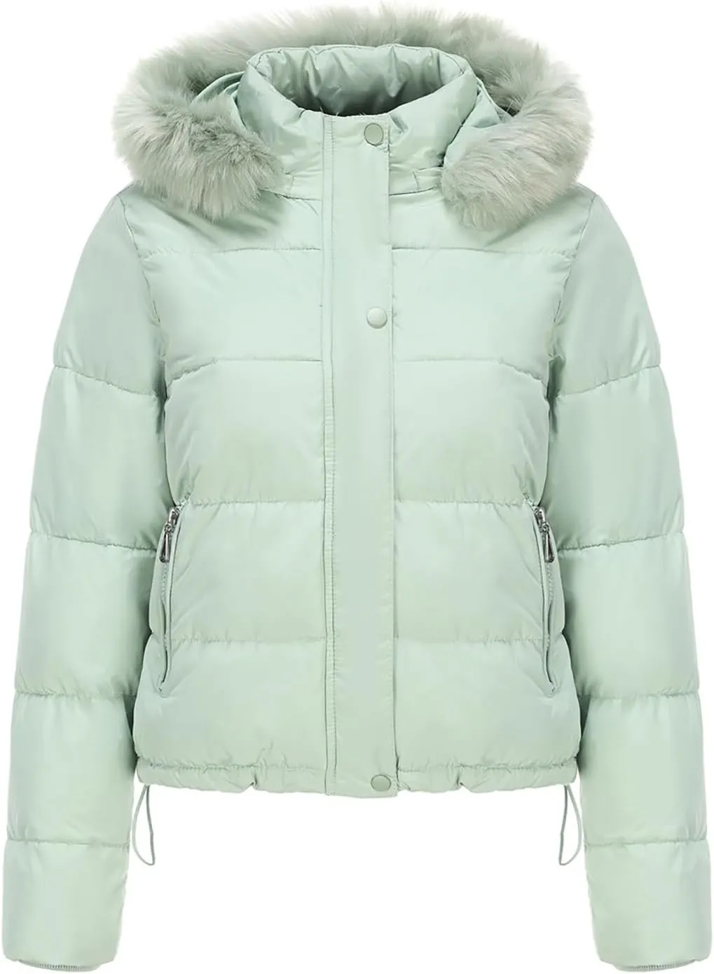 Women's Puffer Jacket Warm Thickened Zip Up Crop Down Jacket Quilted Parkas Faux Fur Removable Hood Outerwear Pockets