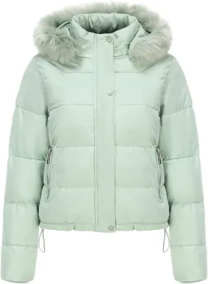 Women's Puffer Jacket Warm Thickened Zip Up Crop Down Jacket Quilted Parkas Faux Fur Removable Hood Outerwear Pockets