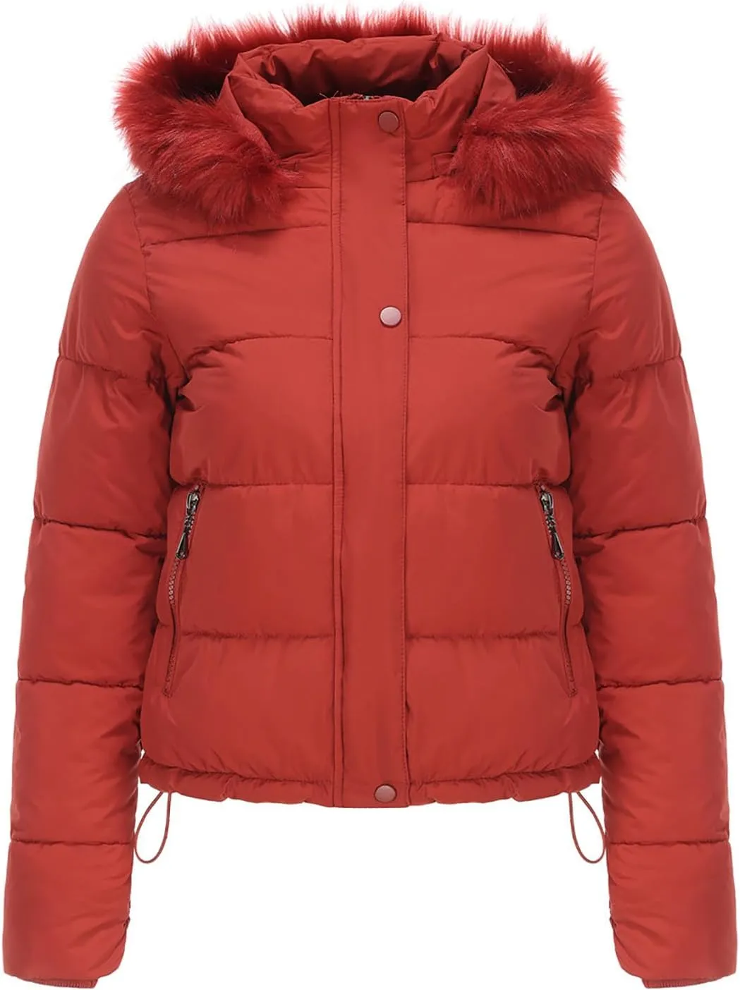 Women's Puffer Jacket Warm Thickened Zip Up Crop Down Jacket Quilted Parkas Faux Fur Removable Hood Outerwear Pockets