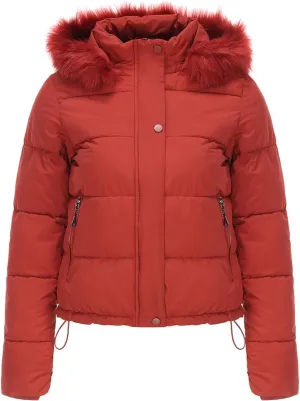 Women's Puffer Jacket Warm Thickened Zip Up Crop Down Jacket Quilted Parkas Faux Fur Removable Hood Outerwear Pockets