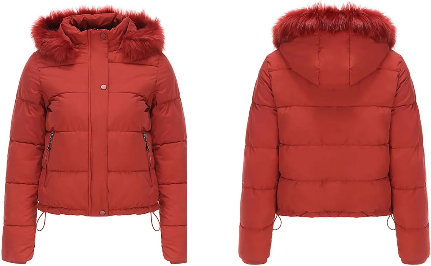 Women's Puffer Jacket Warm Thickened Zip Up Crop Down Jacket Quilted Parkas Faux Fur Removable Hood Outerwear Pockets
