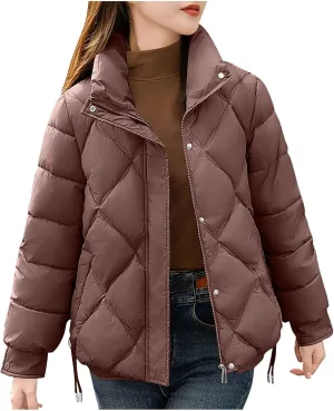 Womens Puffer Jackets Long Sleeve Lapel Down Coats Casual Warm Drawstring Zip Up Padded Button Outerwear with Pockets