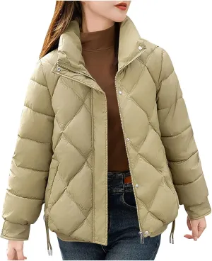 Womens Puffer Jackets Long Sleeve Lapel Down Coats Casual Warm Drawstring Zip Up Padded Button Outerwear with Pockets