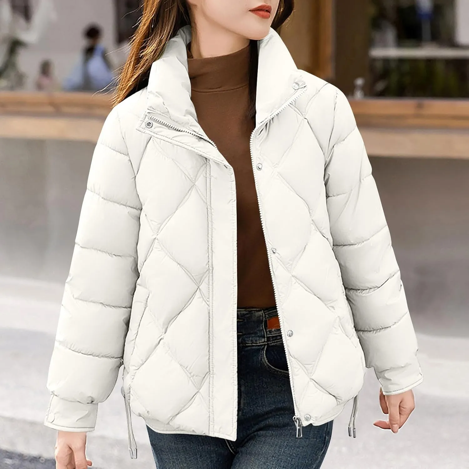 Womens Puffer Jackets Long Sleeve Lapel Down Coats Casual Warm Drawstring Zip Up Padded Button Outerwear with Pockets