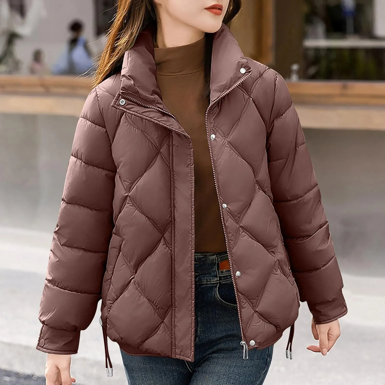 Womens Puffer Jackets Long Sleeve Lapel Down Coats Casual Warm Drawstring Zip Up Padded Button Outerwear with Pockets