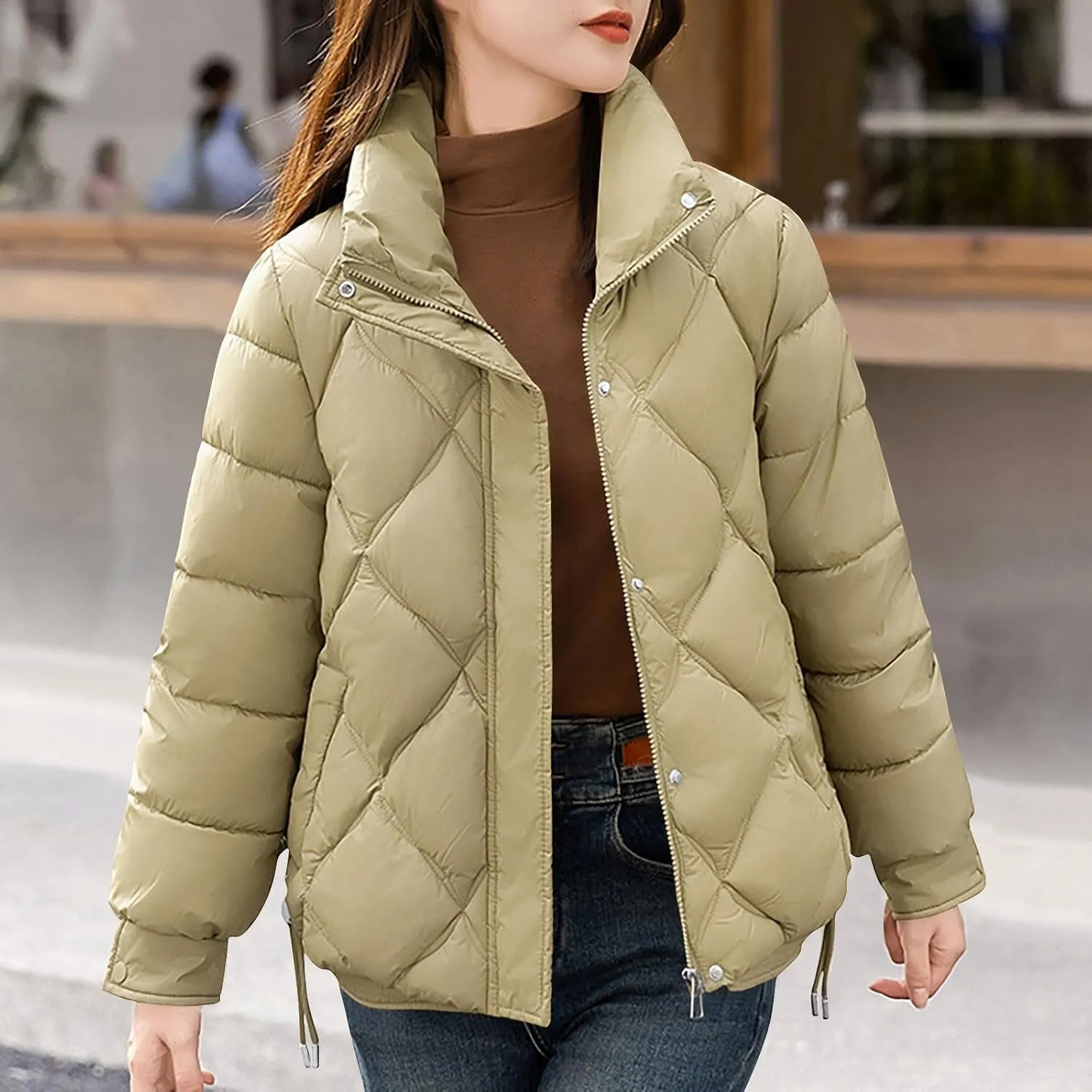 Womens Puffer Jackets Long Sleeve Lapel Down Coats Casual Warm Drawstring Zip Up Padded Button Outerwear with Pockets