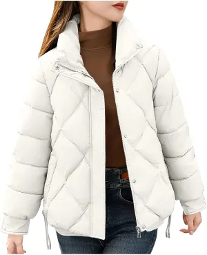 Womens Puffer Jackets Long Sleeve Lapel Down Coats Casual Warm Drawstring Zip Up Padded Button Outerwear with Pockets