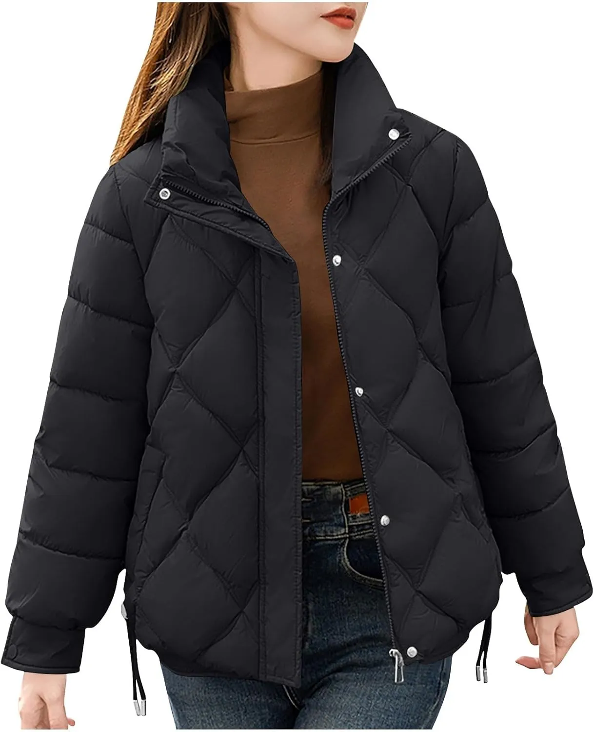 Womens Puffer Jackets Long Sleeve Lapel Down Coats Casual Warm Drawstring Zip Up Padded Button Outerwear with Pockets