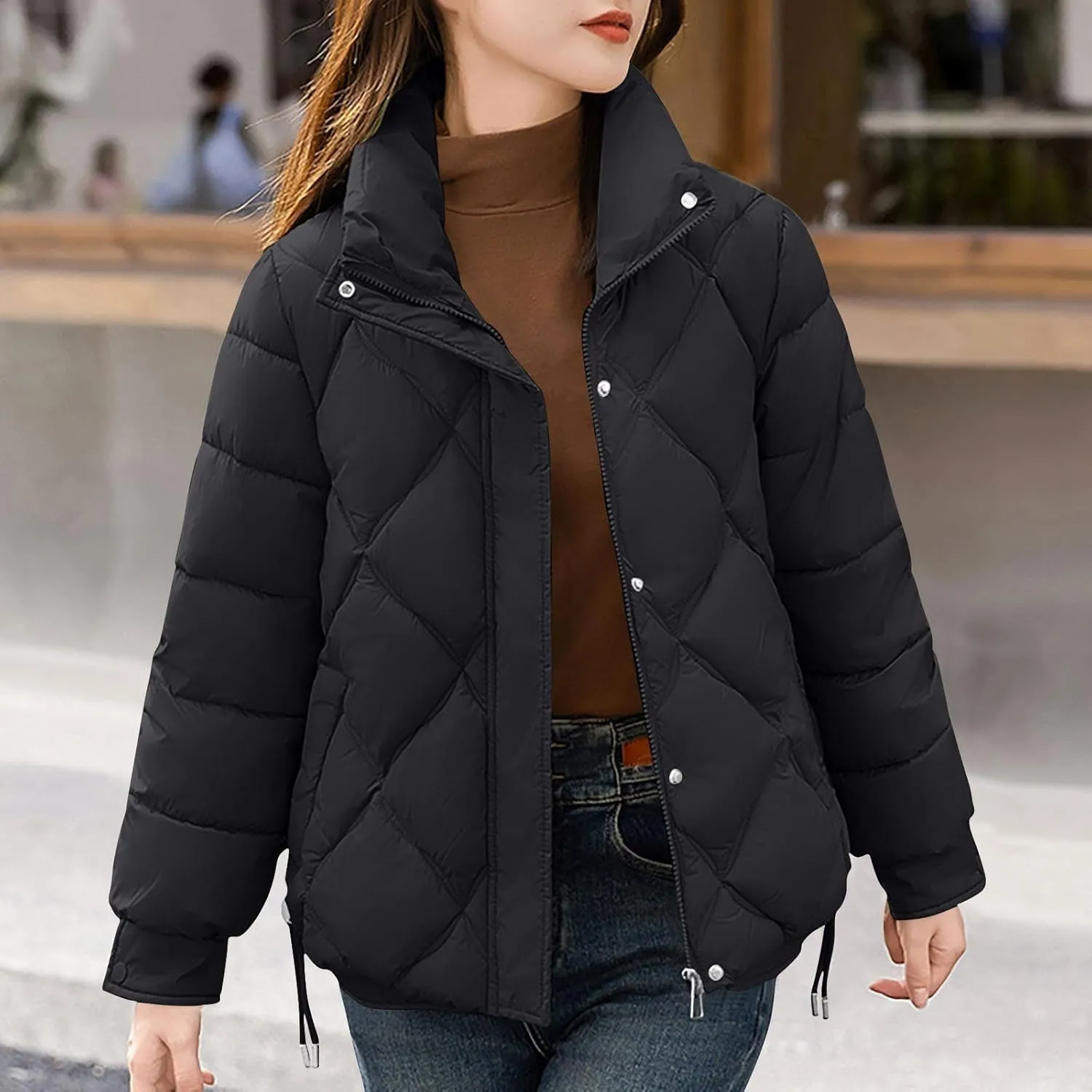 Womens Puffer Jackets Long Sleeve Lapel Down Coats Casual Warm Drawstring Zip Up Padded Button Outerwear with Pockets