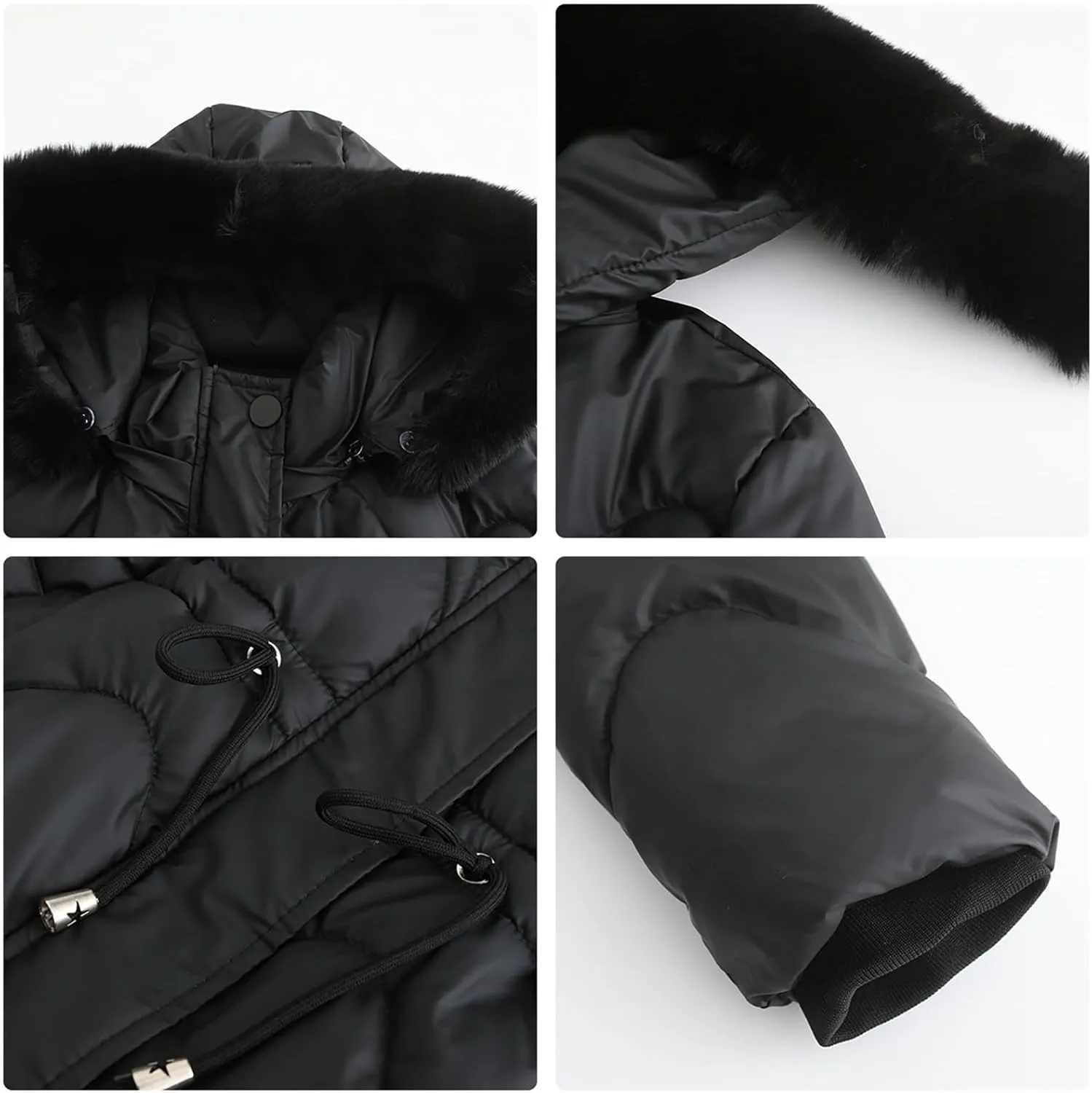 Women's Puffer Jackets Warm Winter Down Coats Long Length Maxi Solid Color Zip Quilted Puffer Jackets with Fur Hood