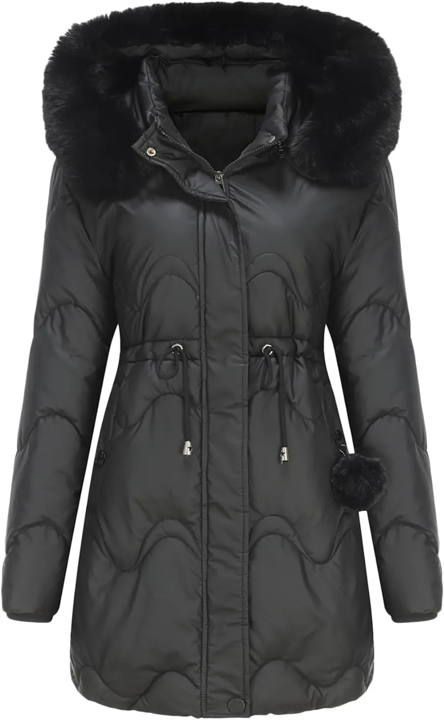 Women's Puffer Jackets Warm Winter Down Coats Long Length Maxi Solid Color Zip Quilted Puffer Jackets with Fur Hood