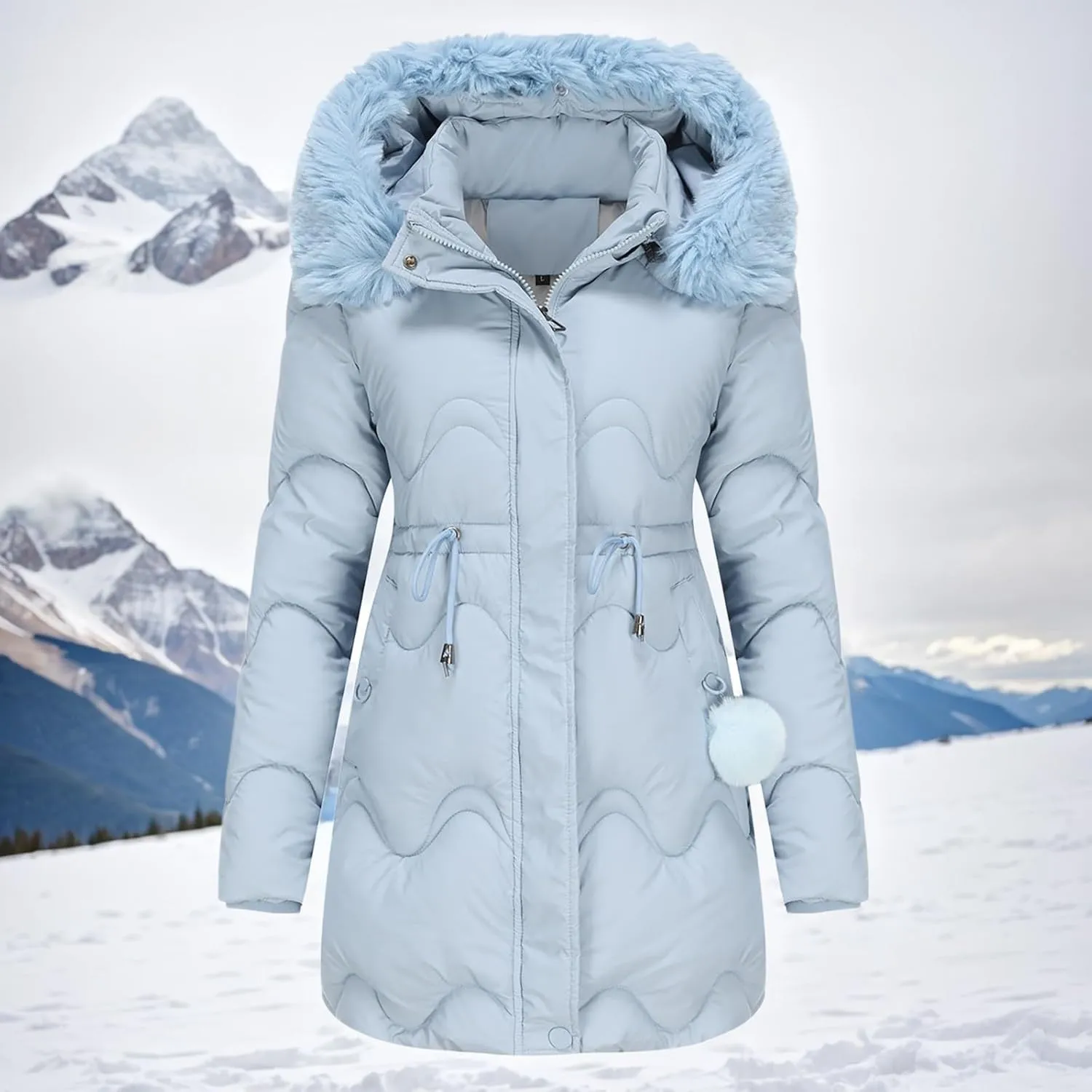 Women's Puffer Jackets Warm Winter Down Coats Long Length Maxi Solid Color Zip Quilted Puffer Jackets with Fur Hood