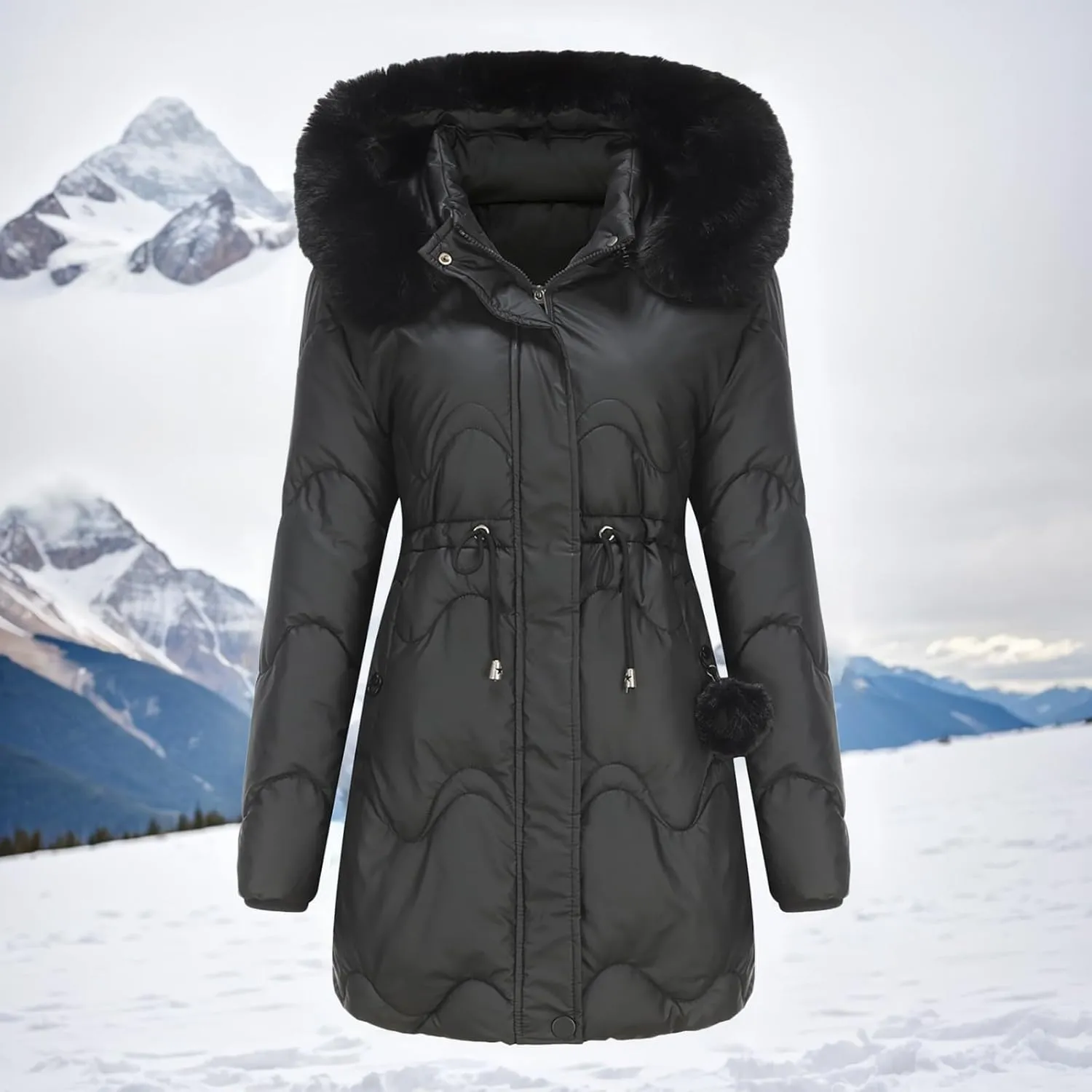 Women's Puffer Jackets Warm Winter Down Coats Long Length Maxi Solid Color Zip Quilted Puffer Jackets with Fur Hood