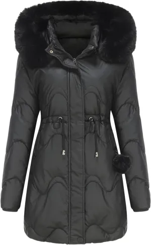 Women's Puffer Jackets Warm Winter Down Coats Long Length Maxi Solid Color Zip Quilted Puffer Jackets with Fur Hood