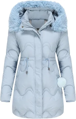 Women's Puffer Jackets Warm Winter Down Coats Long Length Maxi Solid Color Zip Quilted Puffer Jackets with Fur Hood