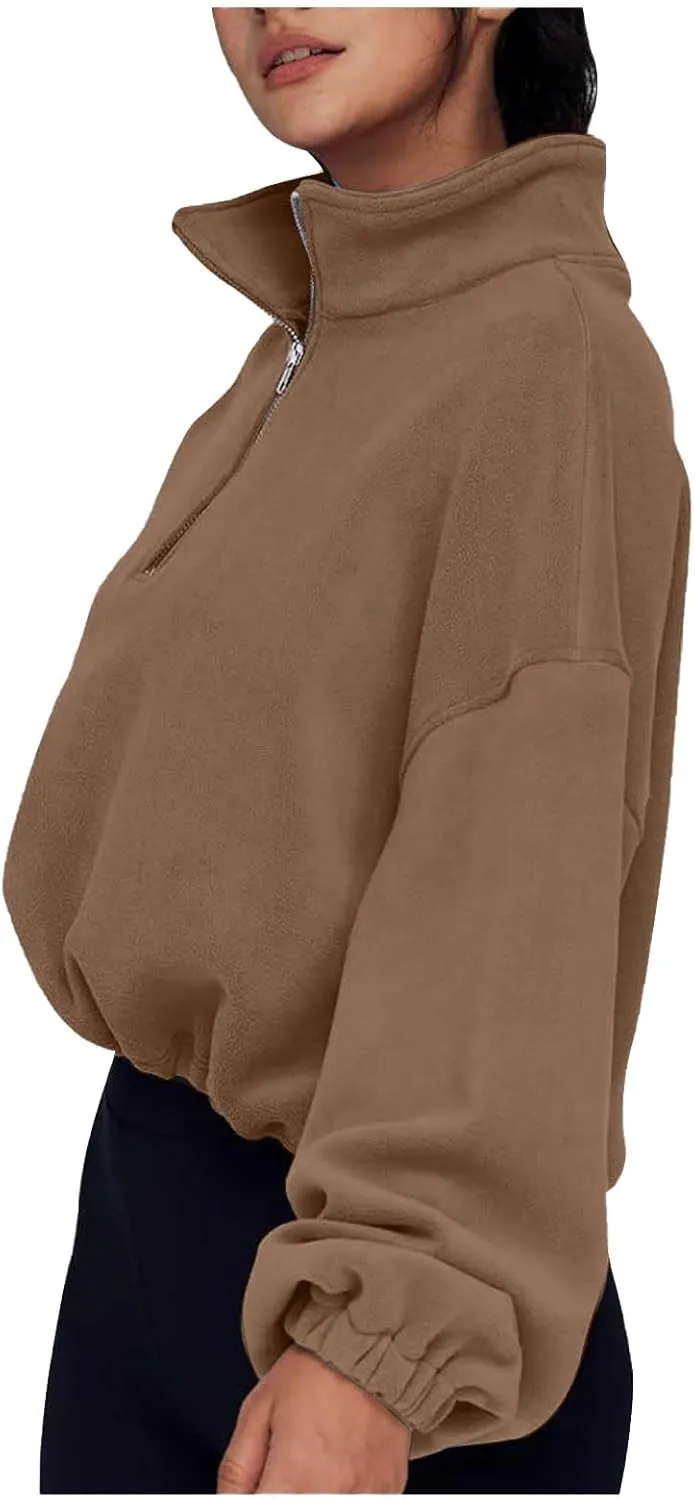 Womens Quarter Zip Hoodies Cropped Sweatshirts Long Sleeve Fleece Half Zip Sweatshirts Fall Outfits Clothes Pullover