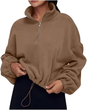 Womens Quarter Zip Hoodies Cropped Sweatshirts Long Sleeve Fleece Half Zip Sweatshirts Fall Outfits Clothes Pullover
