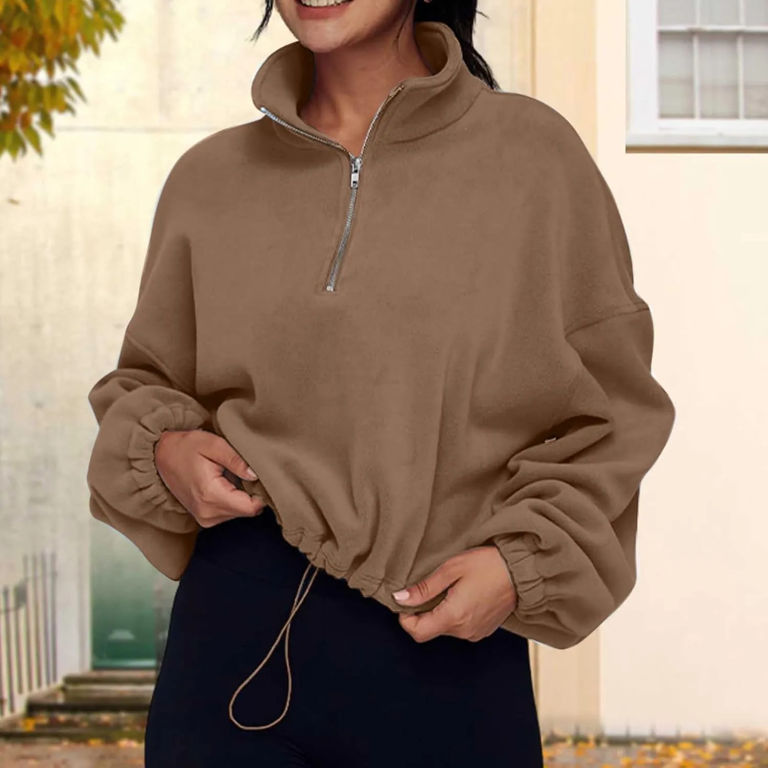 Womens Quarter Zip Hoodies Cropped Sweatshirts Long Sleeve Fleece Half Zip Sweatshirts Fall Outfits Clothes Pullover