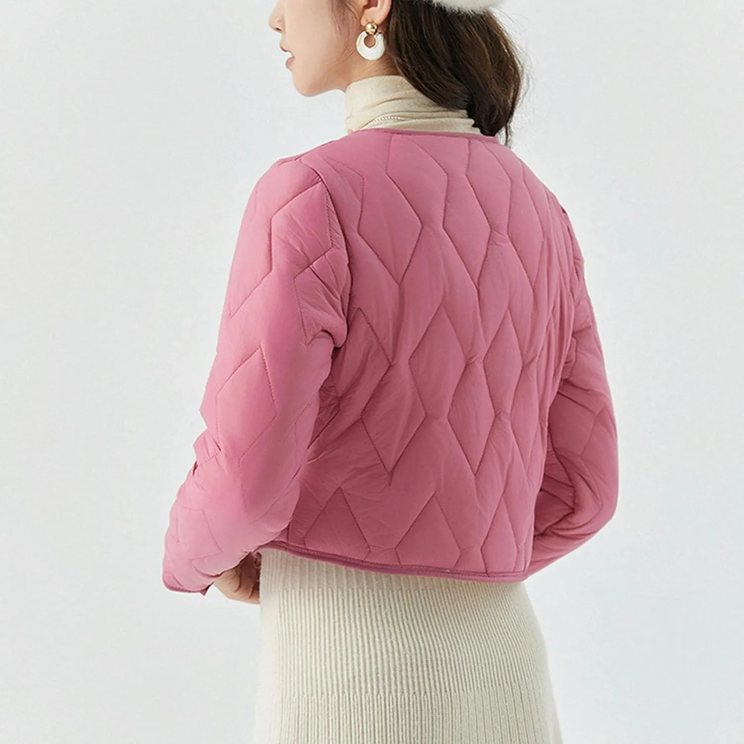 Womens Quilted Puffer Jackets Button Lightweight Down Coats Warm Casual Cropped Long Sleeve Crewneck Padded Outerwear