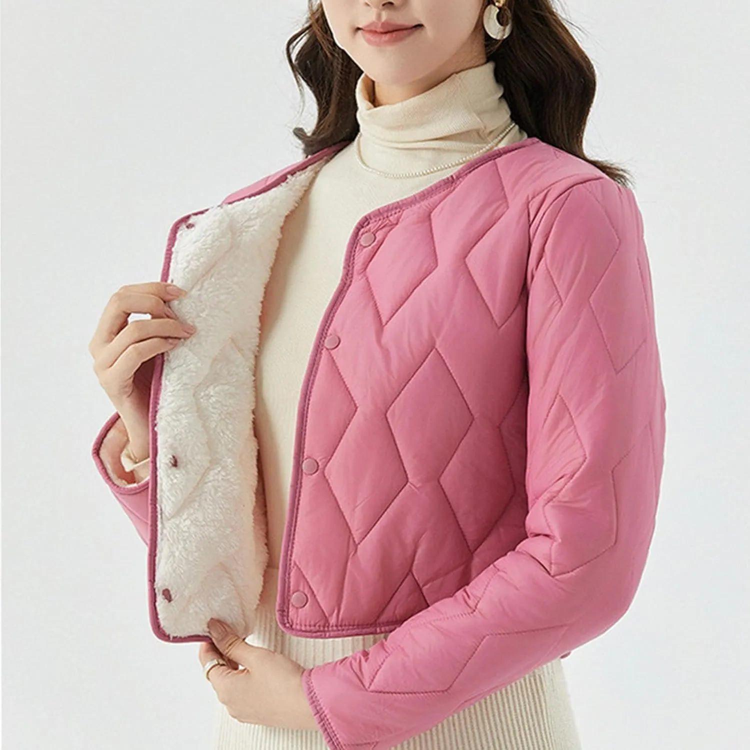 Womens Quilted Puffer Jackets Button Lightweight Down Coats Warm Casual Cropped Long Sleeve Crewneck Padded Outerwear
