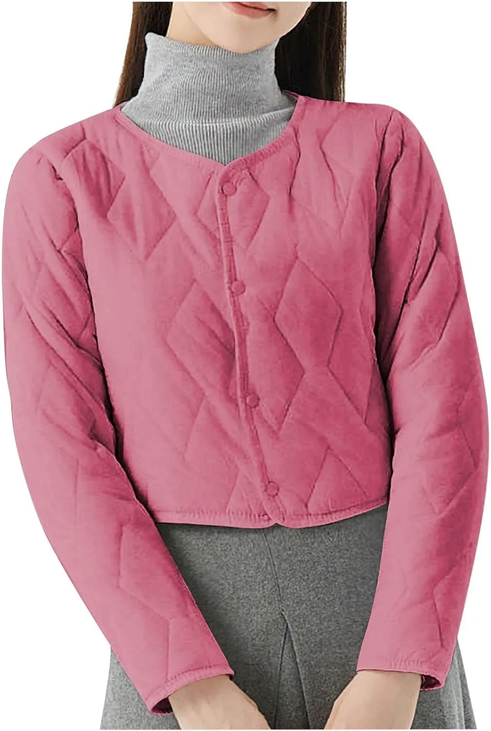 Womens Quilted Puffer Jackets Button Lightweight Down Coats Warm Casual Cropped Long Sleeve Crewneck Padded Outerwear