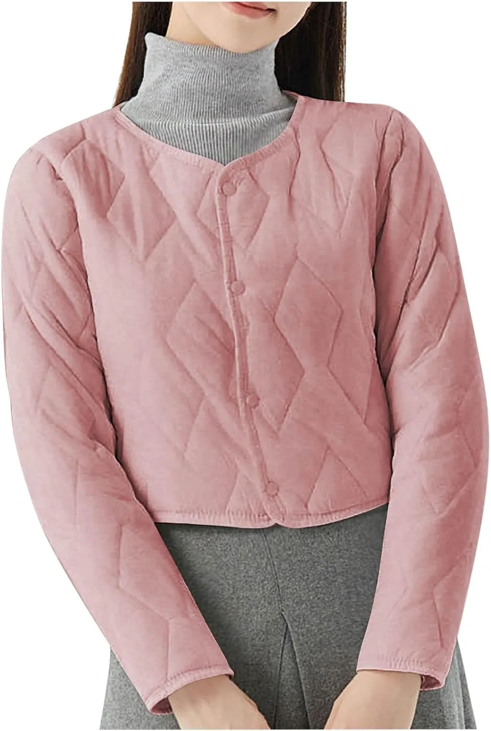 Womens Quilted Puffer Jackets Button Lightweight Down Coats Warm Casual Cropped Long Sleeve Crewneck Padded Outerwear