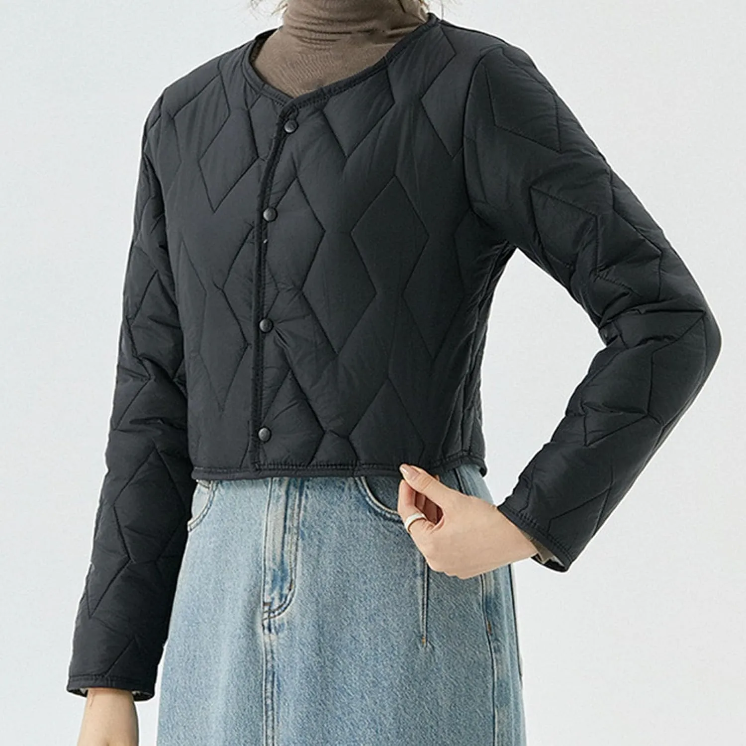 Womens Quilted Puffer Jackets Button Lightweight Down Coats Warm Casual Cropped Long Sleeve Crewneck Padded Outerwear