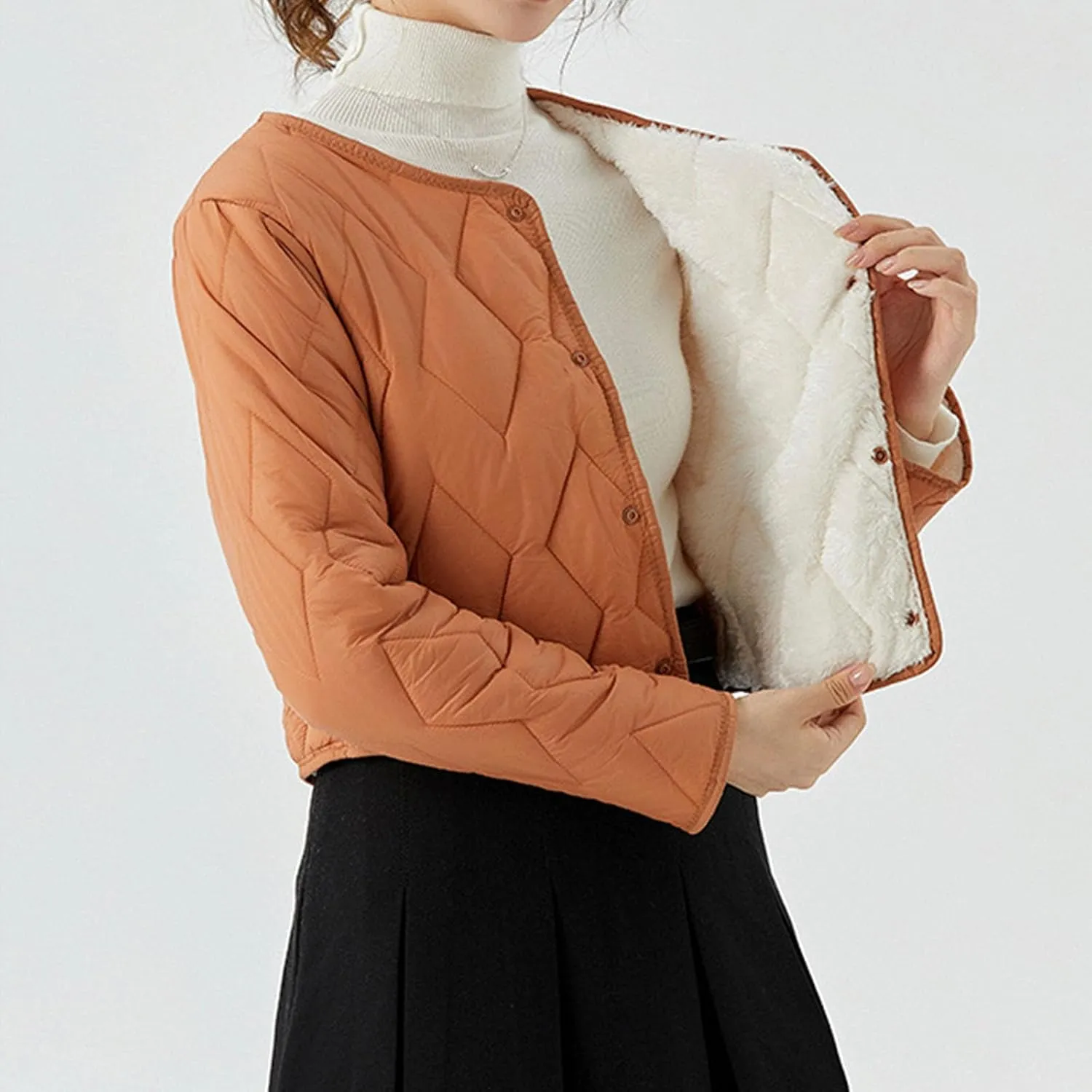 Womens Quilted Puffer Jackets Button Lightweight Down Coats Warm Casual Cropped Long Sleeve Crewneck Padded Outerwear