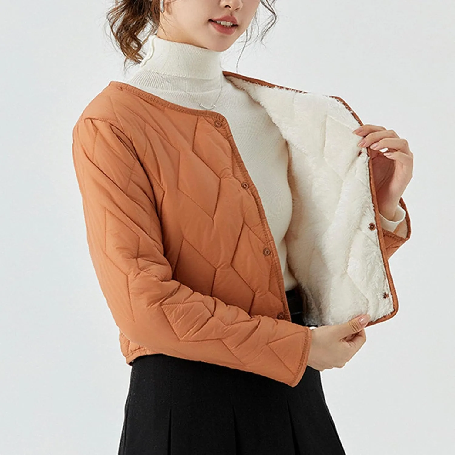 Womens Quilted Puffer Jackets Button Lightweight Down Coats Warm Casual Cropped Long Sleeve Crewneck Padded Outerwear
