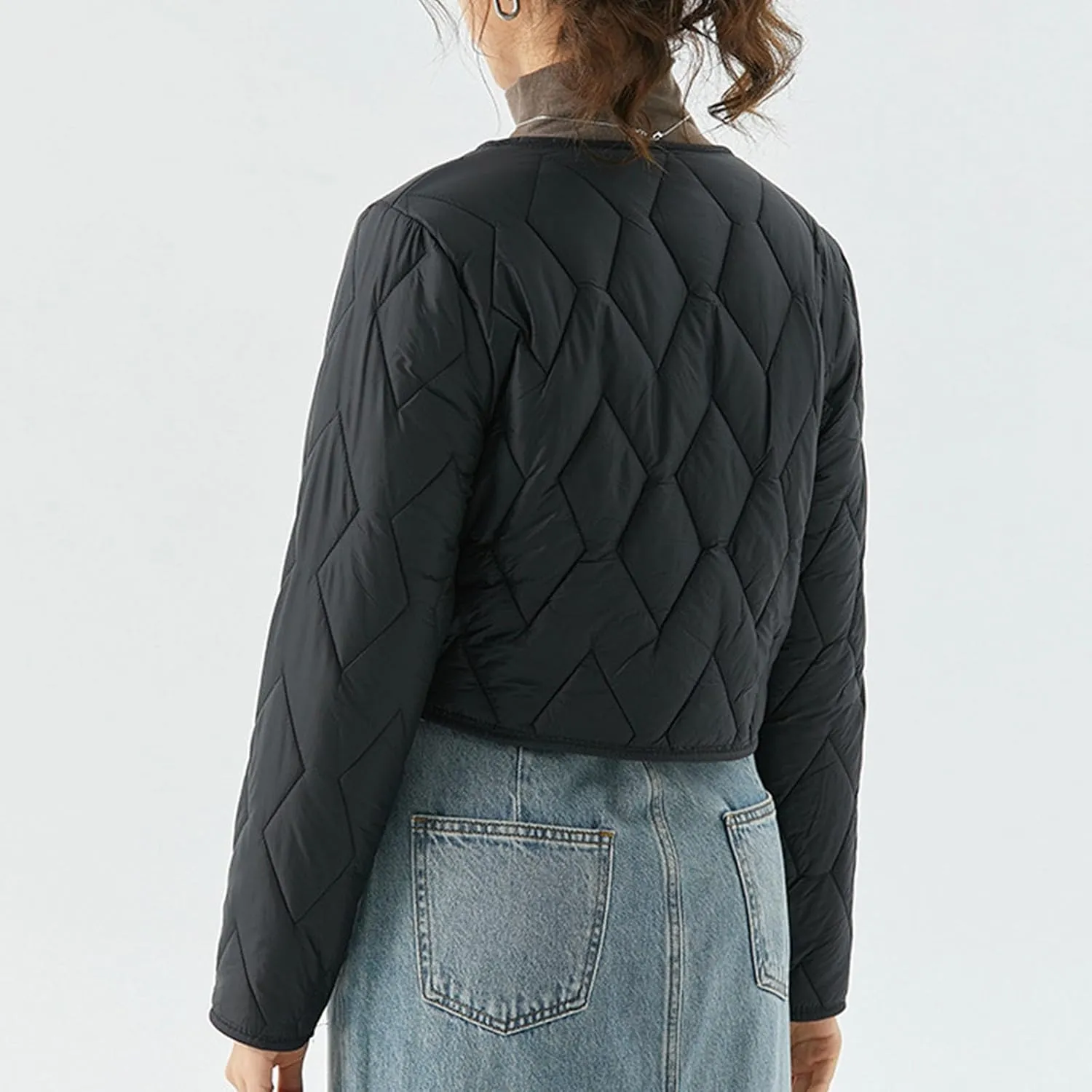 Womens Quilted Puffer Jackets Button Lightweight Down Coats Warm Casual Cropped Long Sleeve Crewneck Padded Outerwear