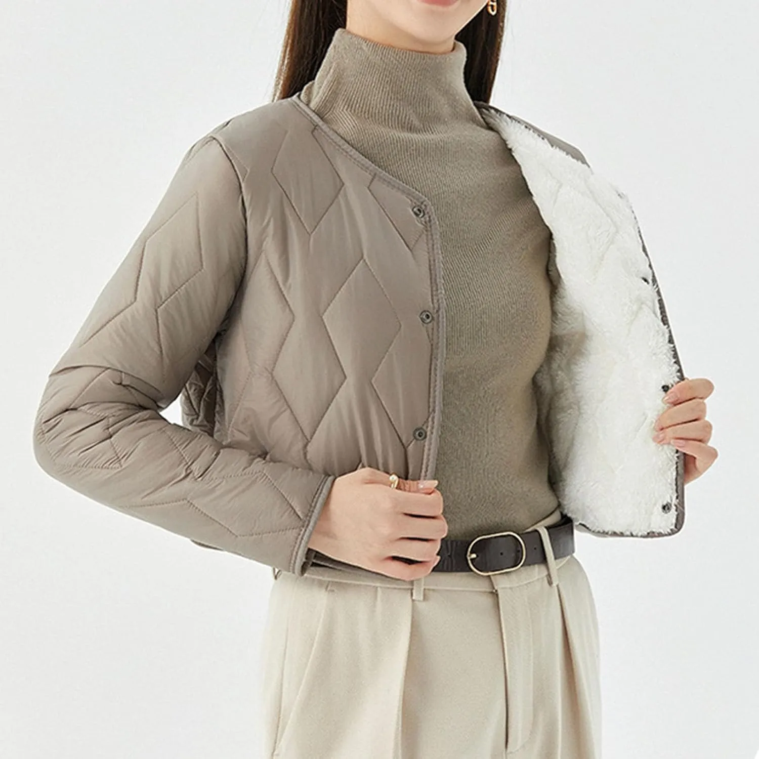 Womens Quilted Puffer Jackets Button Lightweight Down Coats Warm Casual Cropped Long Sleeve Crewneck Padded Outerwear