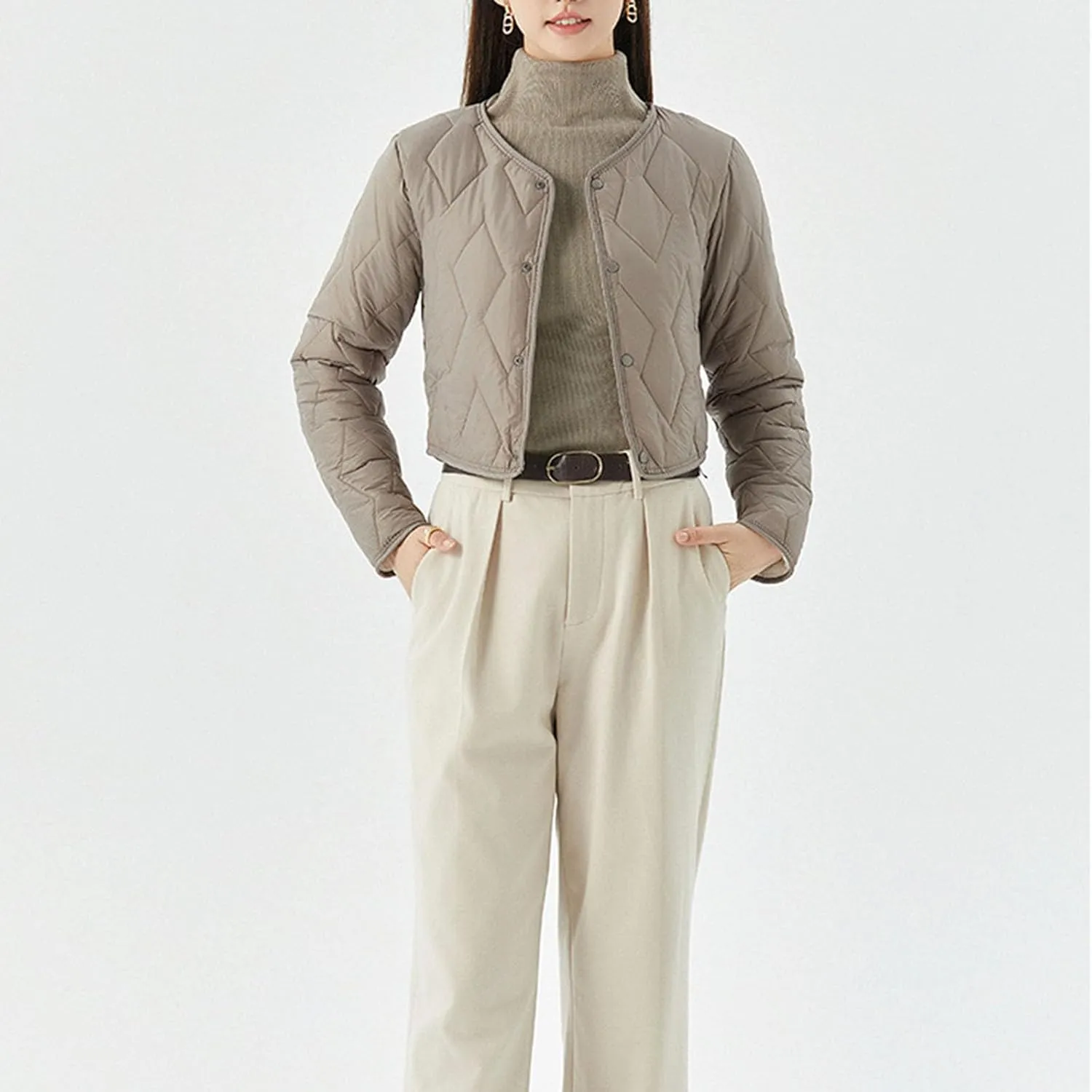 Womens Quilted Puffer Jackets Button Lightweight Down Coats Warm Casual Cropped Long Sleeve Crewneck Padded Outerwear