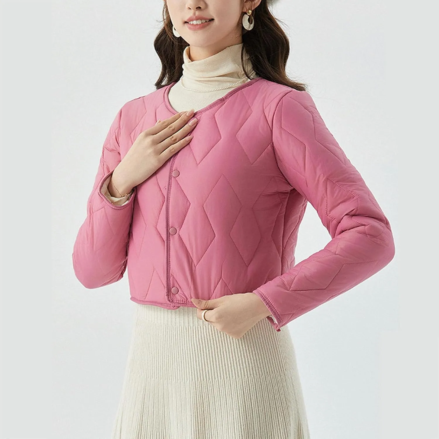 Womens Quilted Puffer Jackets Button Lightweight Down Coats Warm Casual Cropped Long Sleeve Crewneck Padded Outerwear
